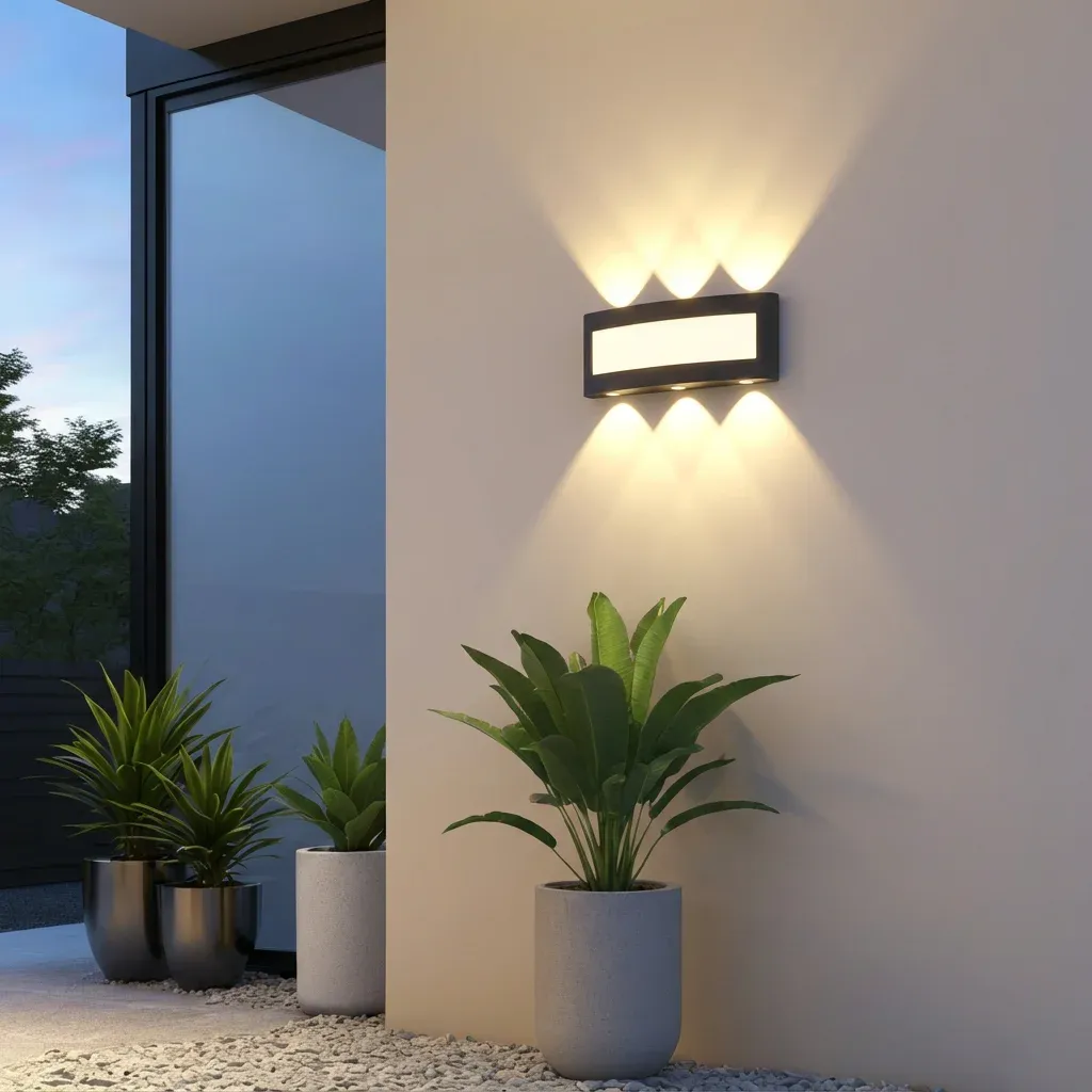 מנורת קיר LED על קיר חיצוני ליד עציצים