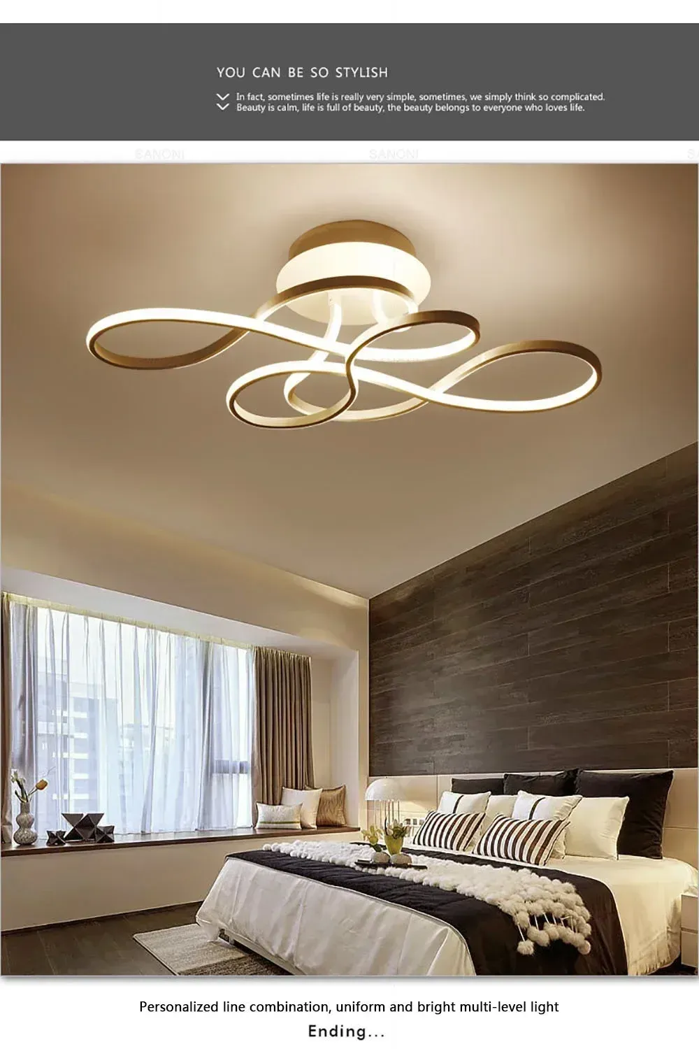 נברשת עם קווים אחידים בחדר שינה עם חלון גדול