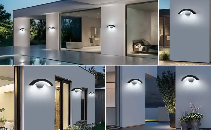 מנורת קיר LED מאלומיניום על קיר חיצוני ליד בריכה