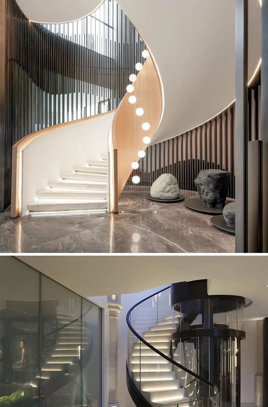 מדרגות ספירליות עם תאורת לד לבנה