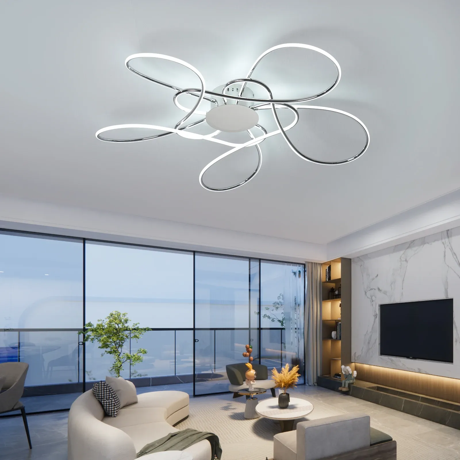 נברשת LED מודרנית בציפוי כרום בסלון עם חלון גדול