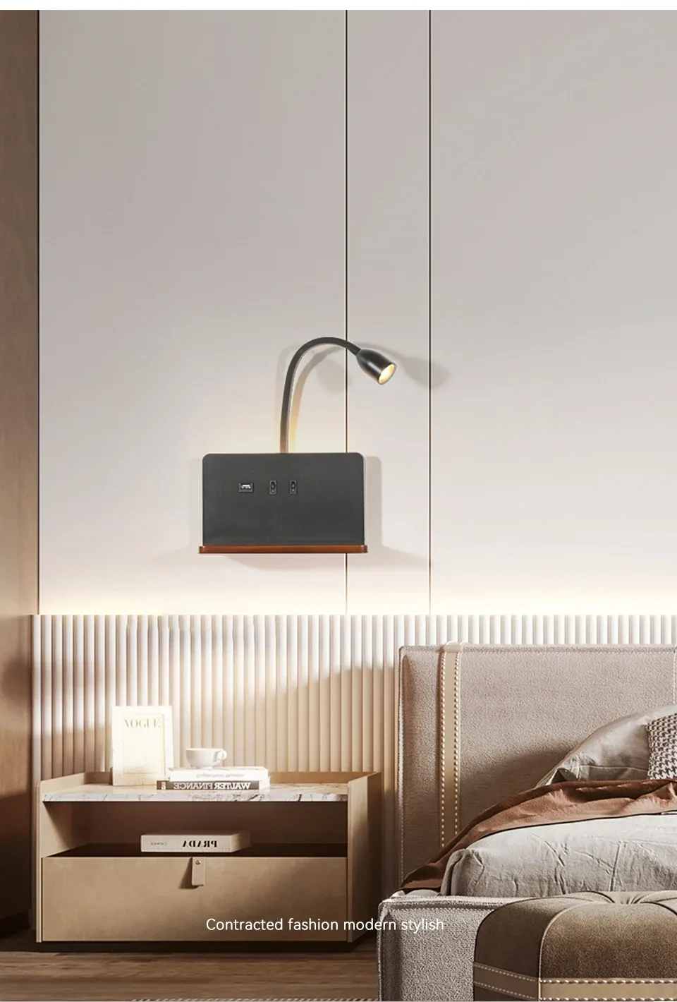 מנורת קיר שחורה ליד מיטה עם עיצוב מודרני