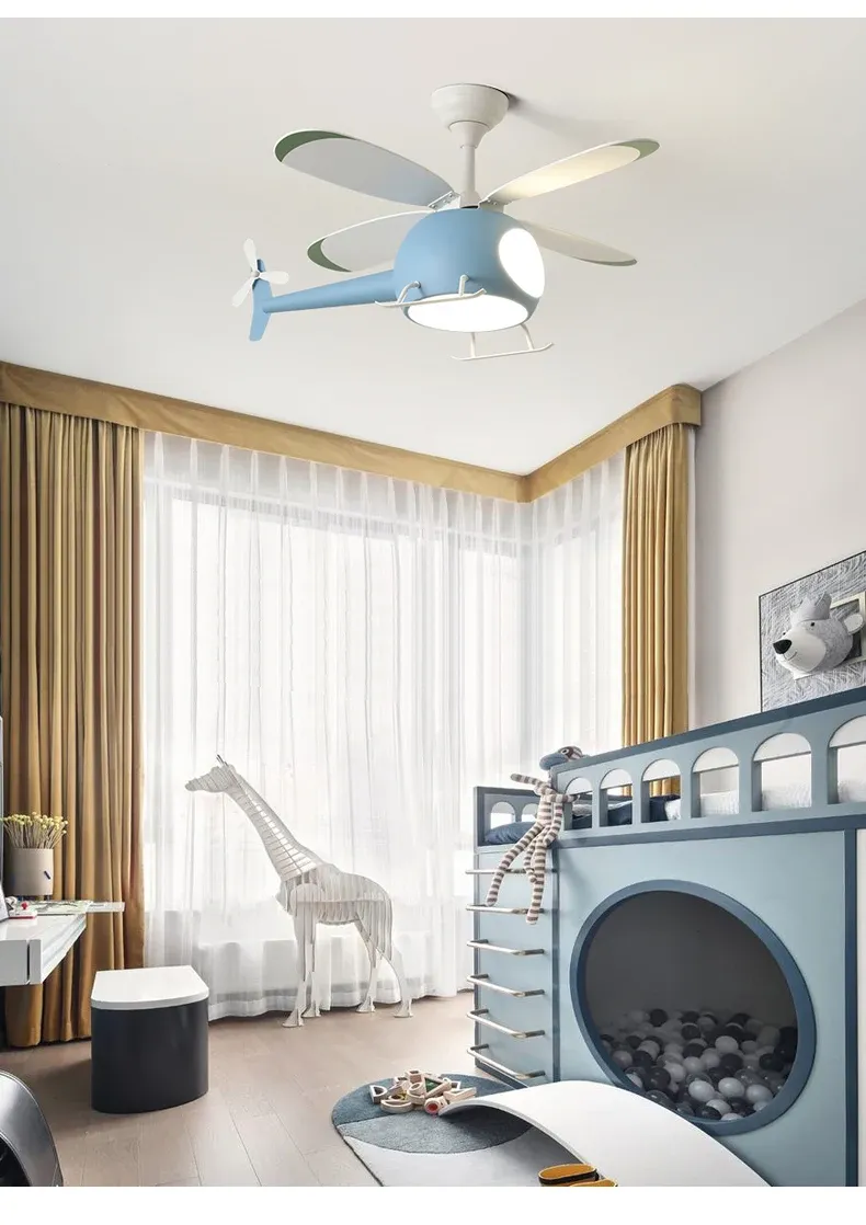 מאוורר תקרה מטוס כחול לילדים עם תאורה דימרית ושלט