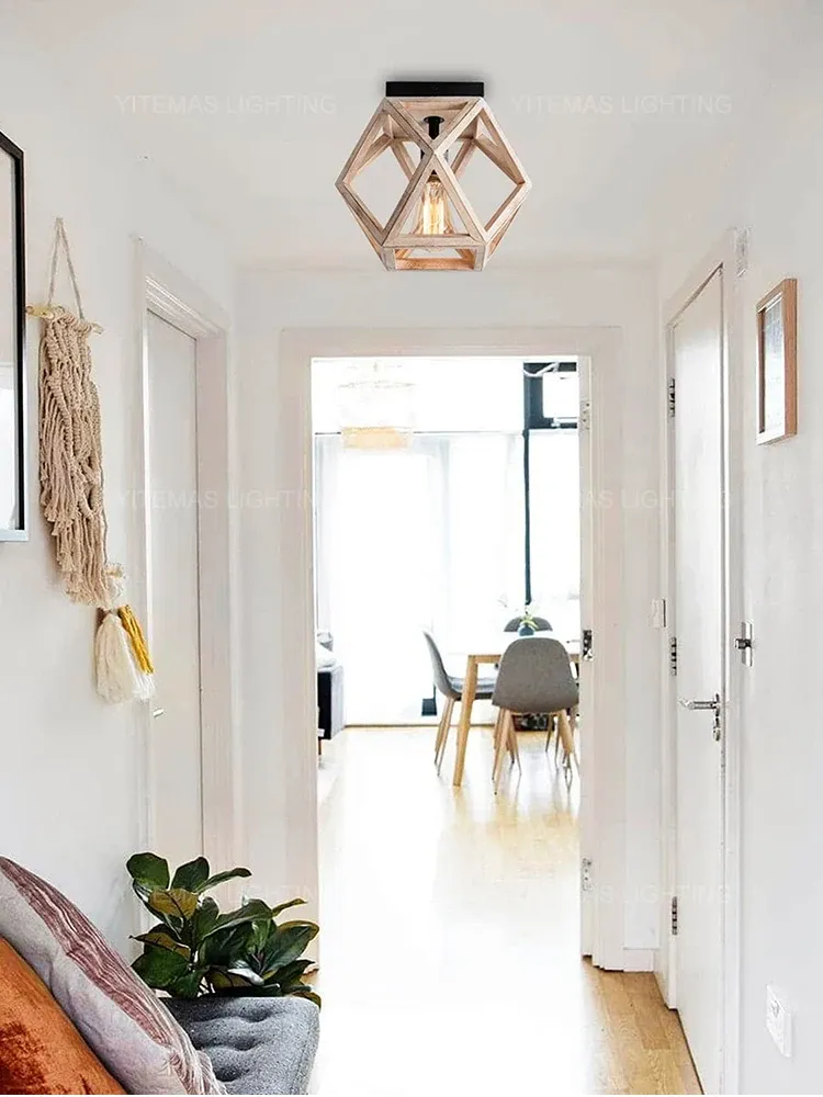 מנורת תקרה וינטג' עץ וברזל E27 לחללים קטנים