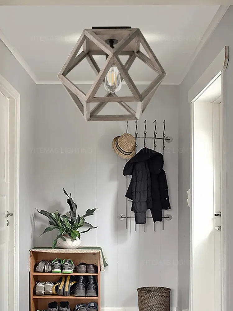 מנורת תקרה וינטג' עץ וברזל E27 לחללים קטנים