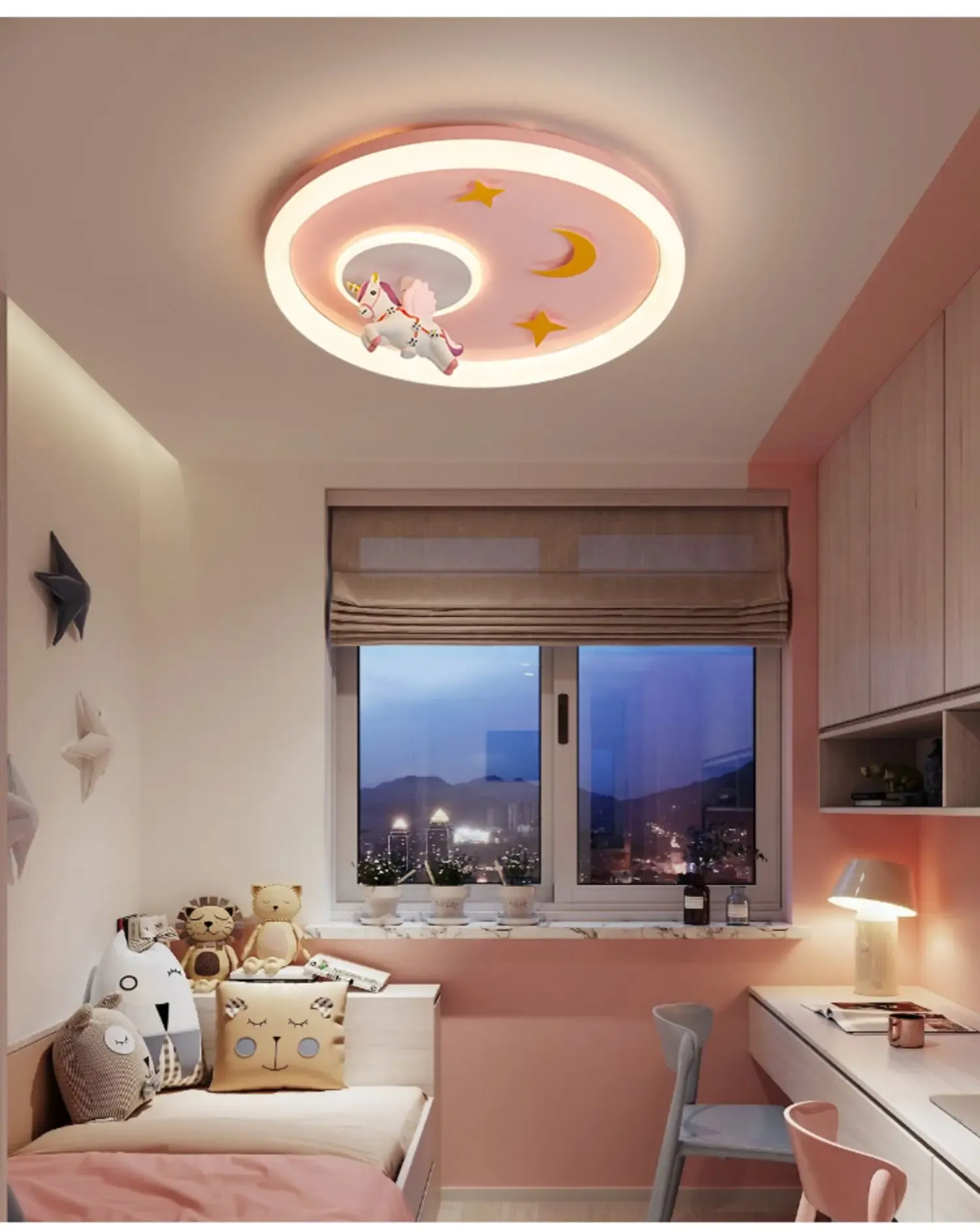 מנורת תקרה חד קרן ורודה דימרית עם שלט לחדר ילדים