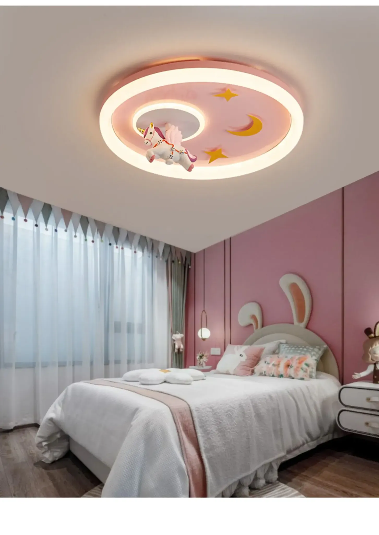 מנורת תקרה חד קרן ורודה דימרית עם שלט לחדר ילדים