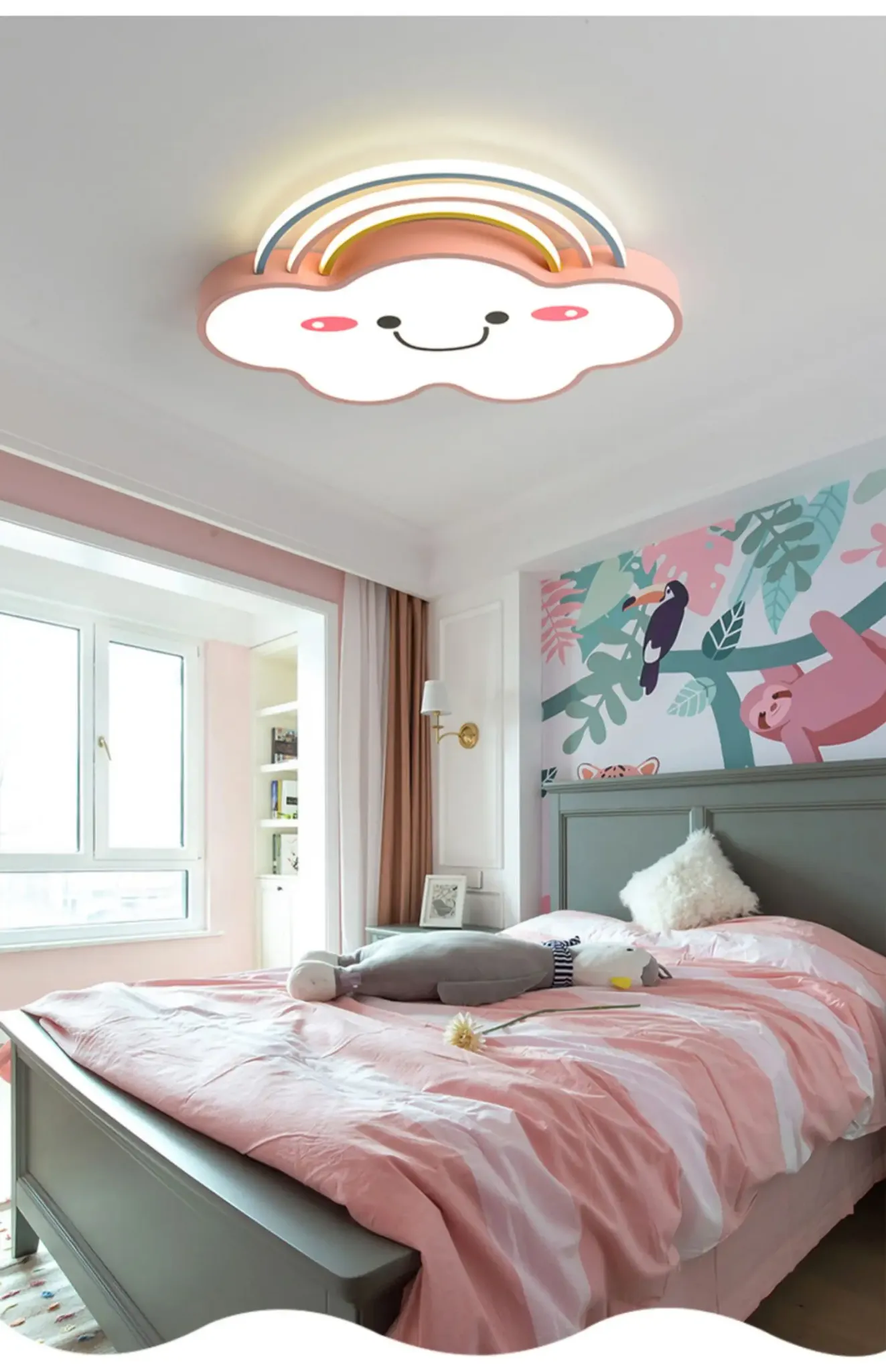 מנורת תקרה ענן קשת ורוד לחדר ילדים עם שלט