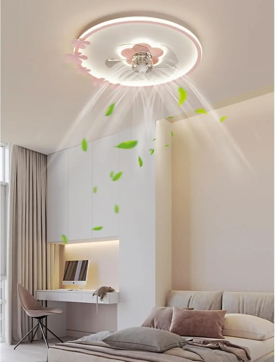 מאוורר תקרה פרח ורוד דימרי עם שלט לחדר ילדות