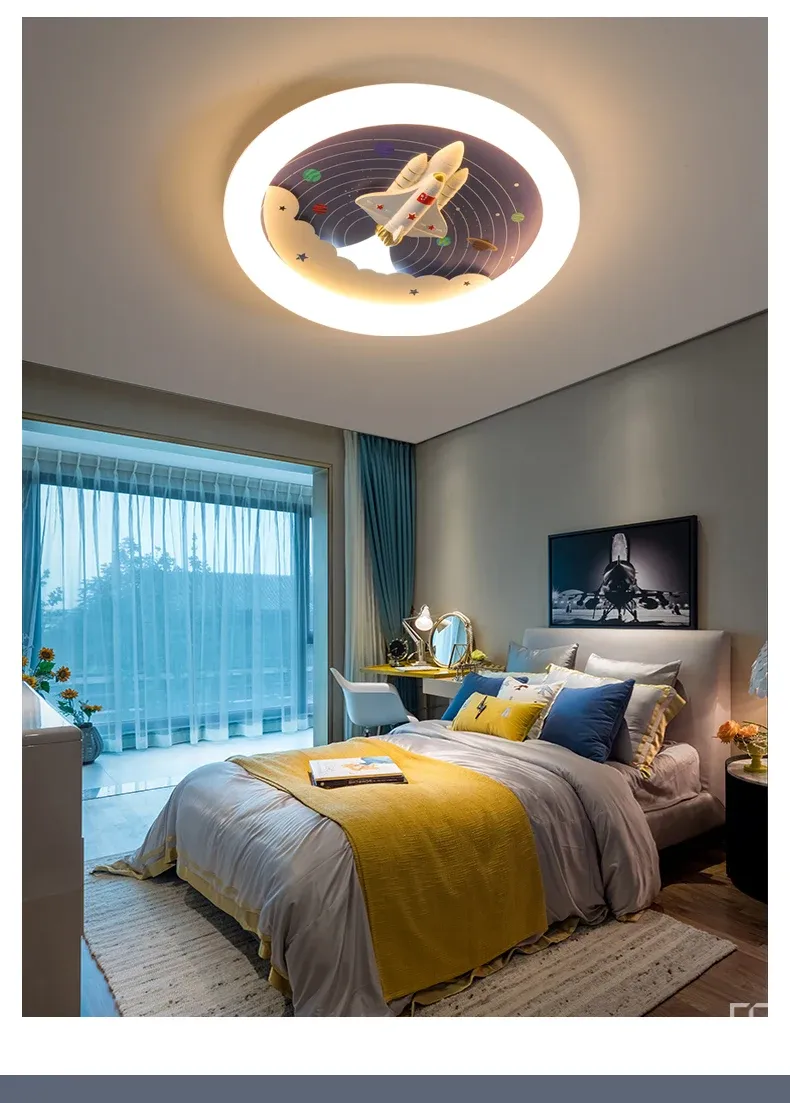 מנורת תקרה רקטת חלל לבנה דימרית עם שלט לחדר ילדים