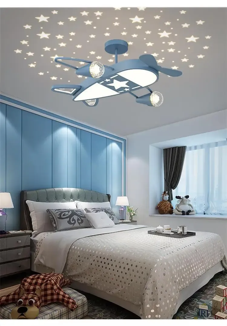 מנורת תקרה מטוס כוכבים כחולה דימרית לחדר ילדים
