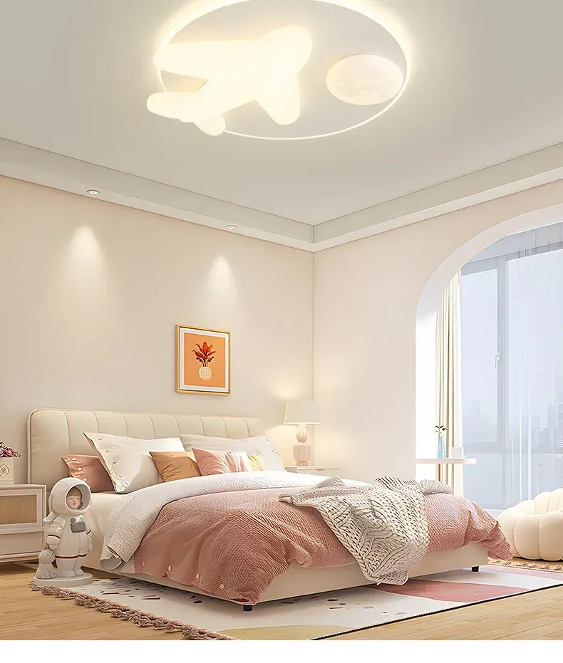 מנורת תקרה מטוס וירח לבנה דימרית לחדר ילדים