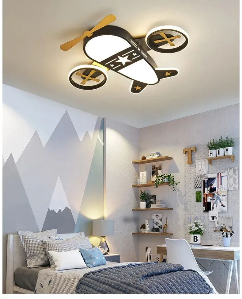 מנורת תקרה מטוס שחור לד עם שלט לחדר ילדים