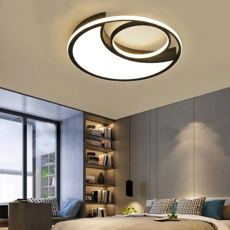 מנורת תקרה ירח טבעת שחורה דימרית עם שלט