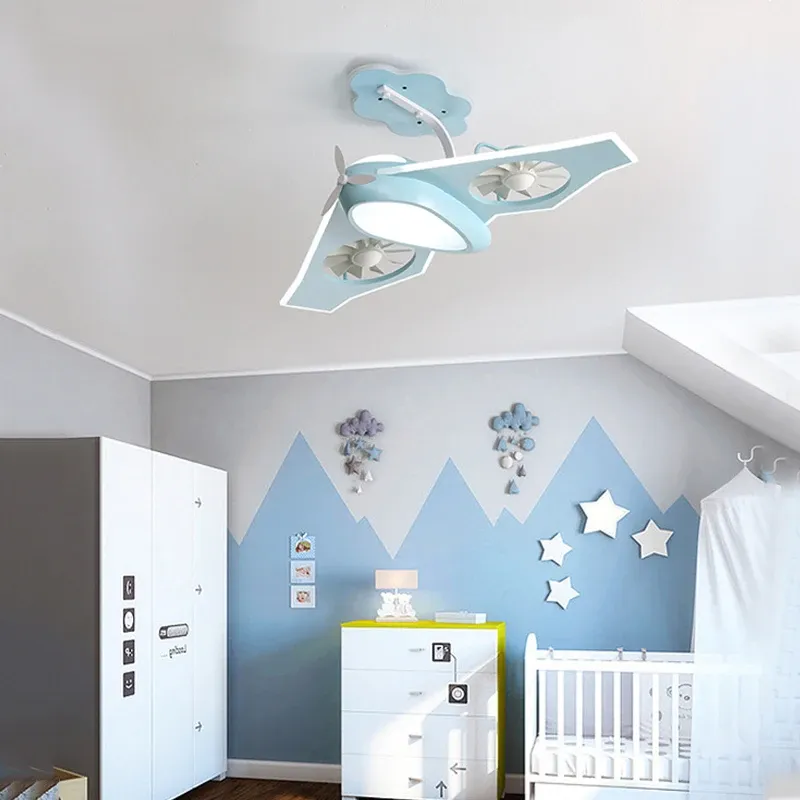 מאוורר תקרה אווירון כחול דימרי עם שלט לחדר ילדים