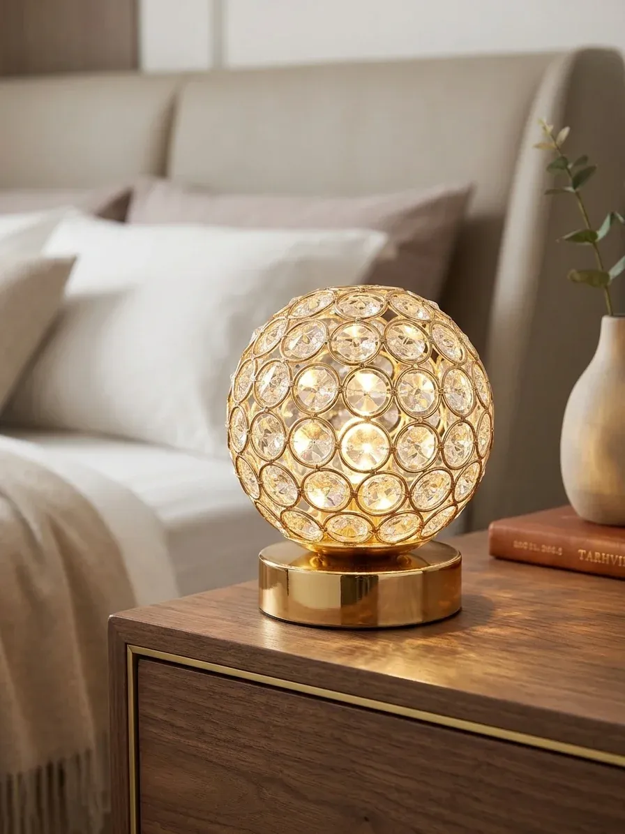 מנורת שולחן קריסטל זהובה על שידת לילה