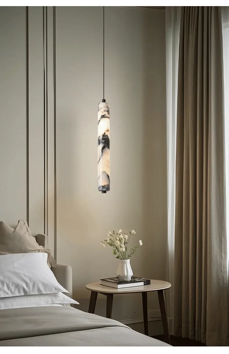 מנורה תלויה אבן שחורה גלילית עם לד חם