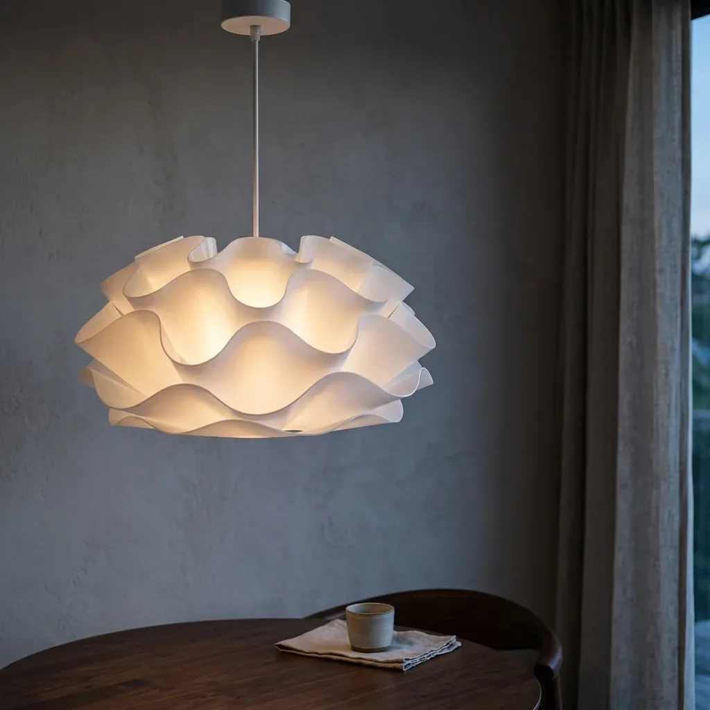 נברשת אקרילית לבנה תלויה בפינת אוכל