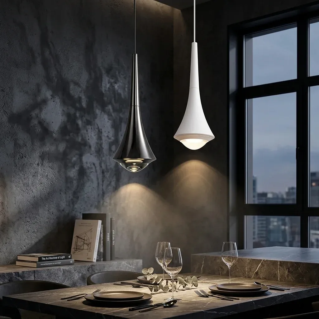 זוג מנורות תלייה שחור ולבן מעל שולחן