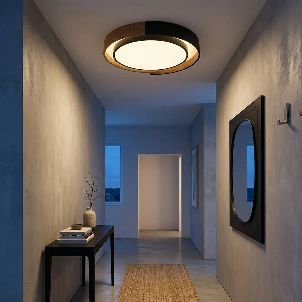 מנורת תקרה שחורה וחומה במסדרון מודרני