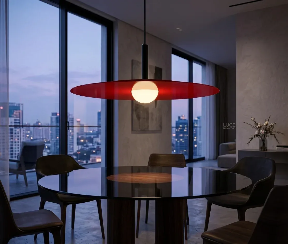 מנורה תלויה אדומה דמוית דיסק בחדר אוכל