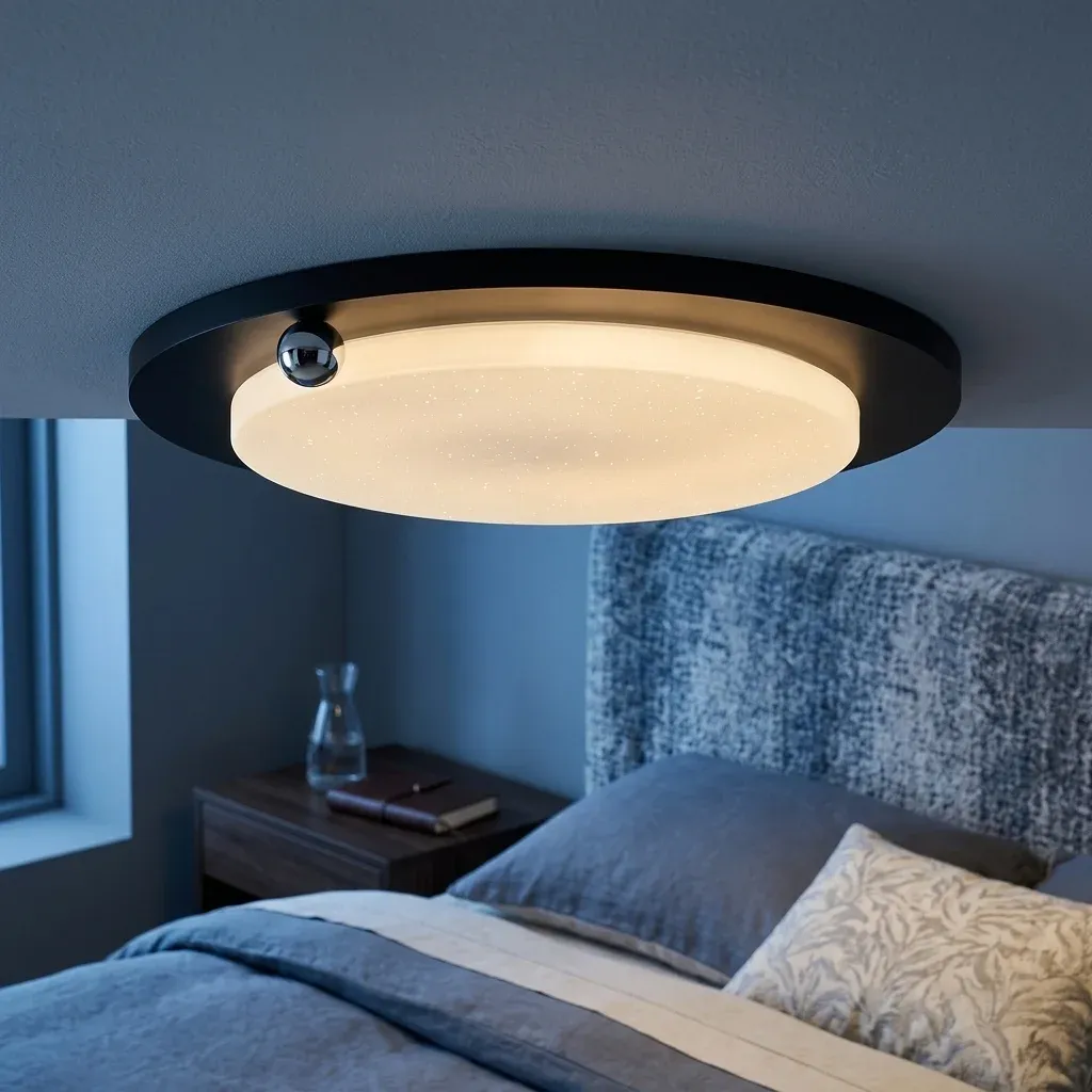 מנורת תקרה שחורה מודרנית בחדר שינה יוקרתי