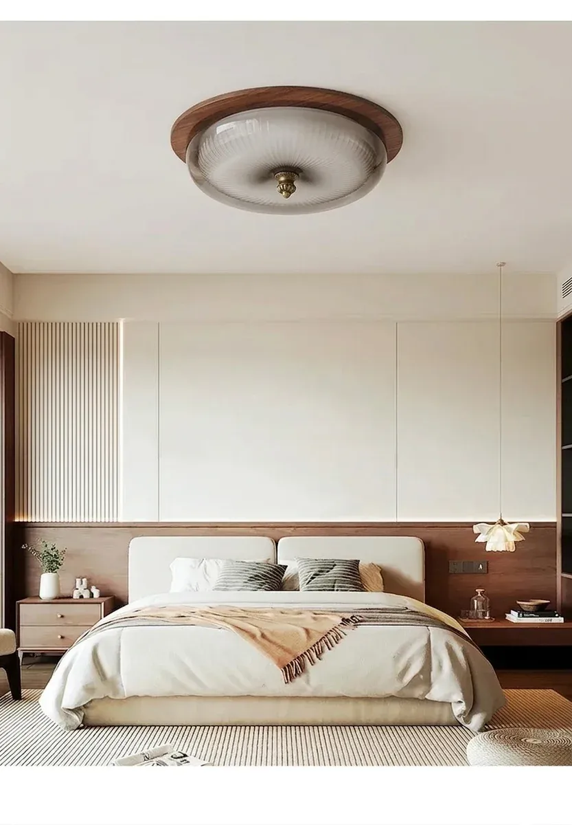 מנורת תקרה כפרית מעץ וזכוכית מעושנת