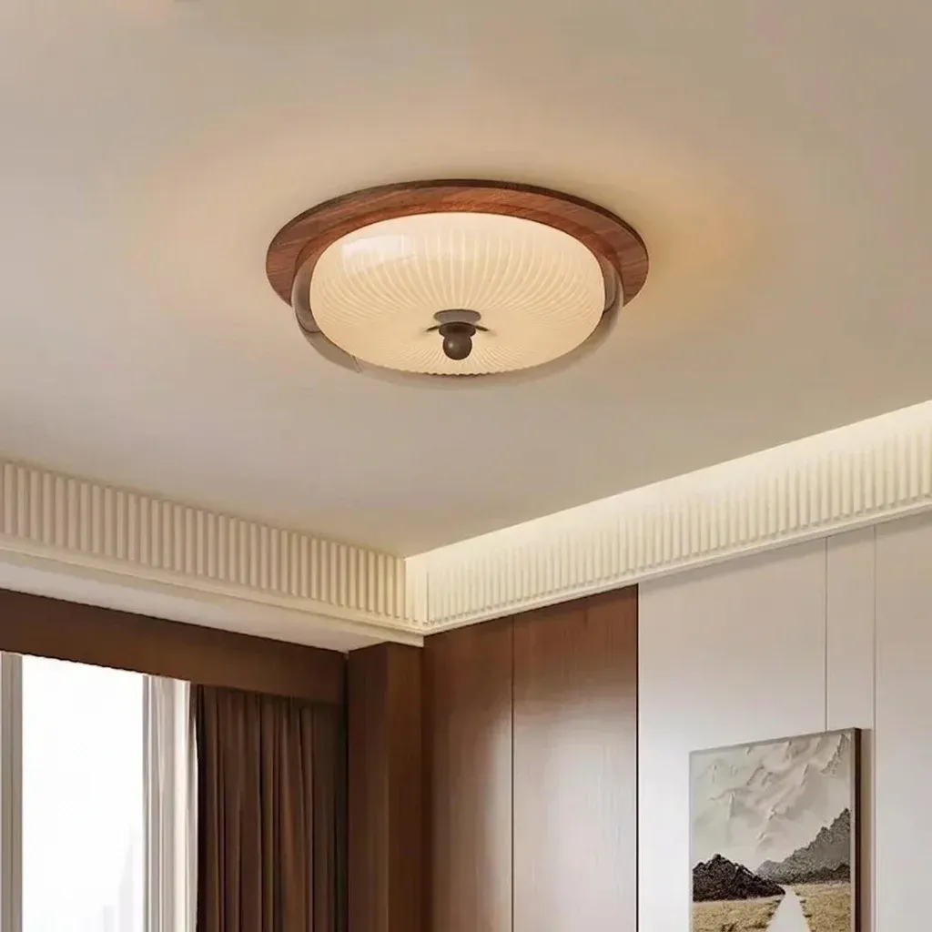 מנורת תקרה כפרית מעץ וזכוכית מעושנת