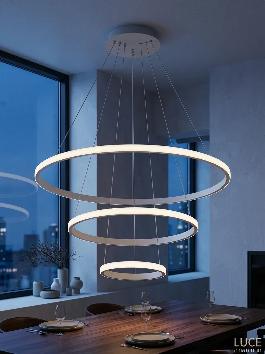 נברשת טבעות לד לבנה מעל שולחן אוכל