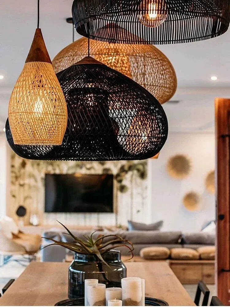 מנורה תלויה ראטן ארוגה בסגנון דרום מזרח אסיה