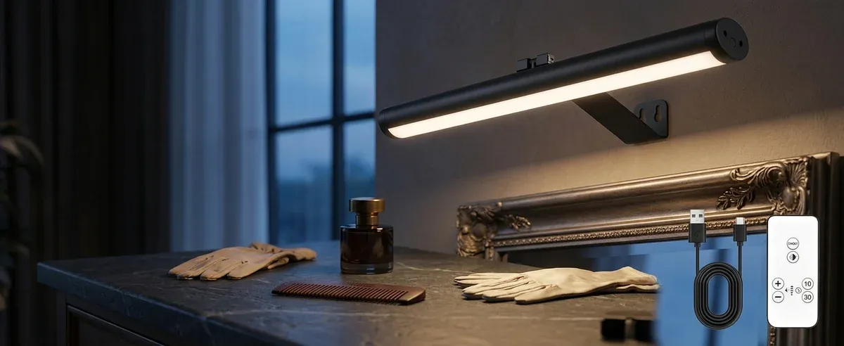 מנורת מראה לד שחורה מעל שידת איפור