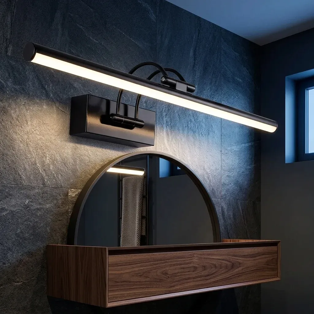 מנורת מראה שחורה מתכווננת מעל מראה עגולה