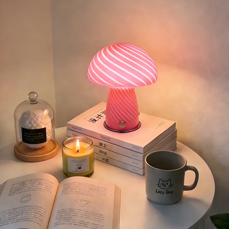 מנורת שולחן פטרייה מזכוכית עם עמעום במגע