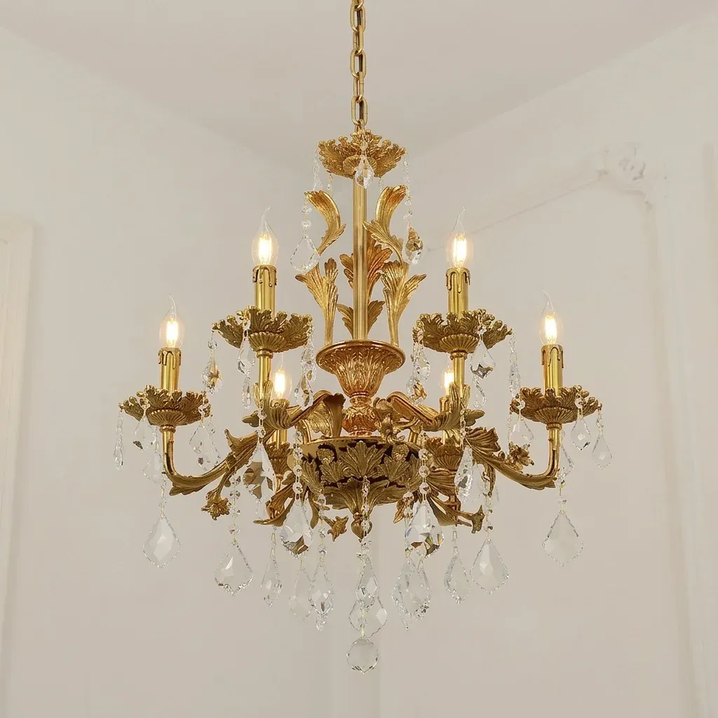 נברשת פליז קלאסית מוזהבת עם קריסטלים