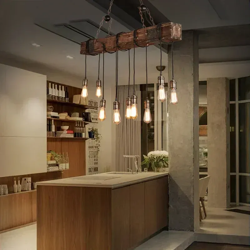 מנורה תלויה עץ ובמבוק רטרו בסגנון תעשייתי