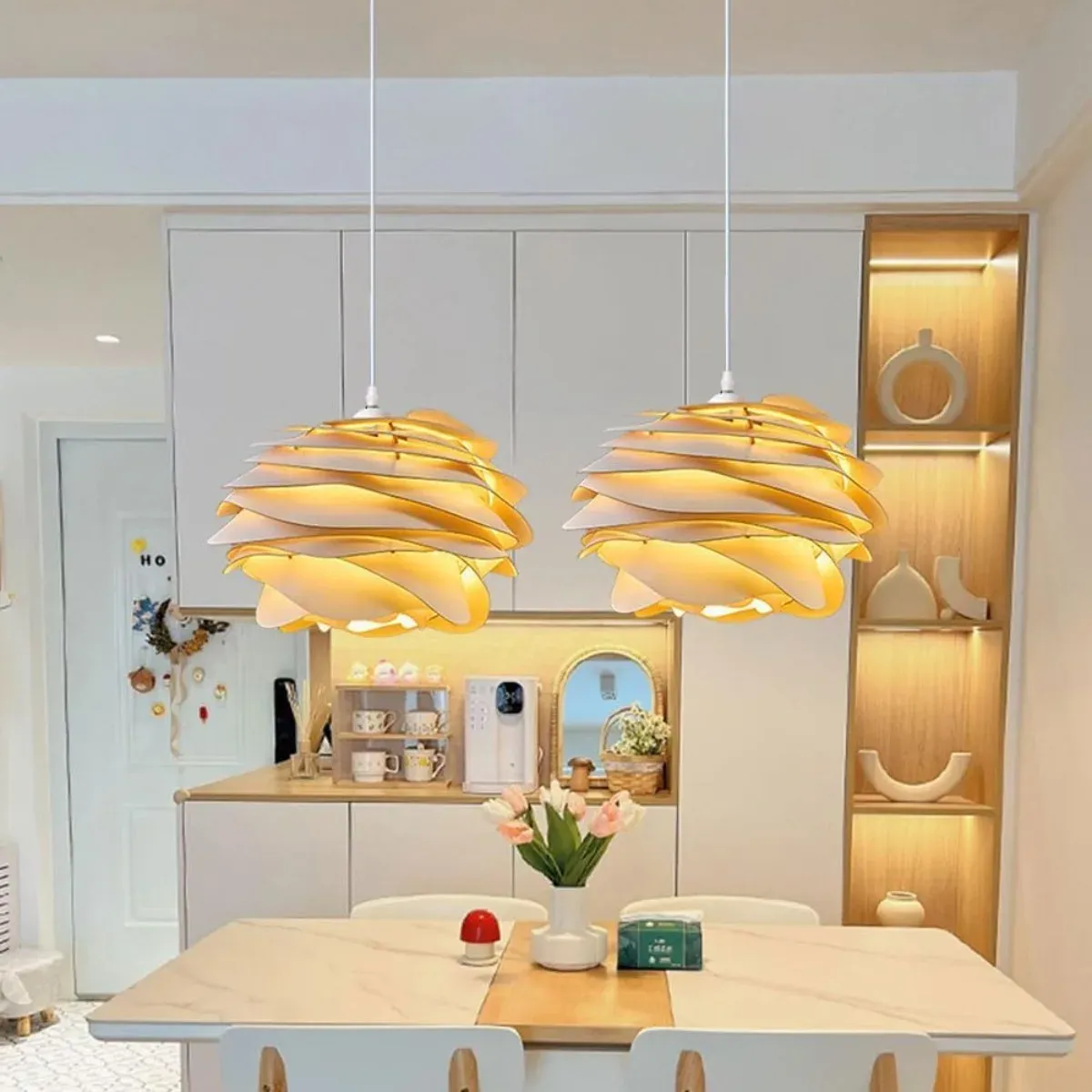 נברשת עץ עלי כותרת מודרנית לאי מטבח ולחלל מגורים