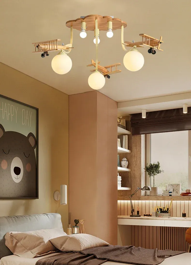 מנורת תקרה מטוס עץ צמודת תקרה לחדר ילדים