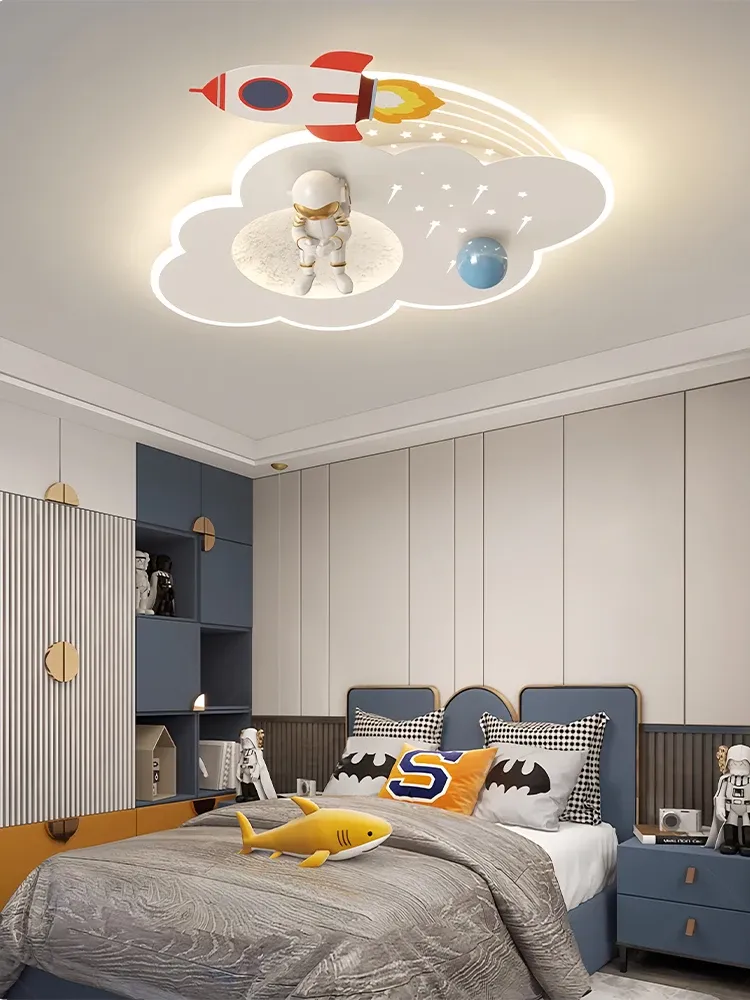 מנורת תקרה אסטרונאוט ורקטה כחולה דימרית לחדר ילדים