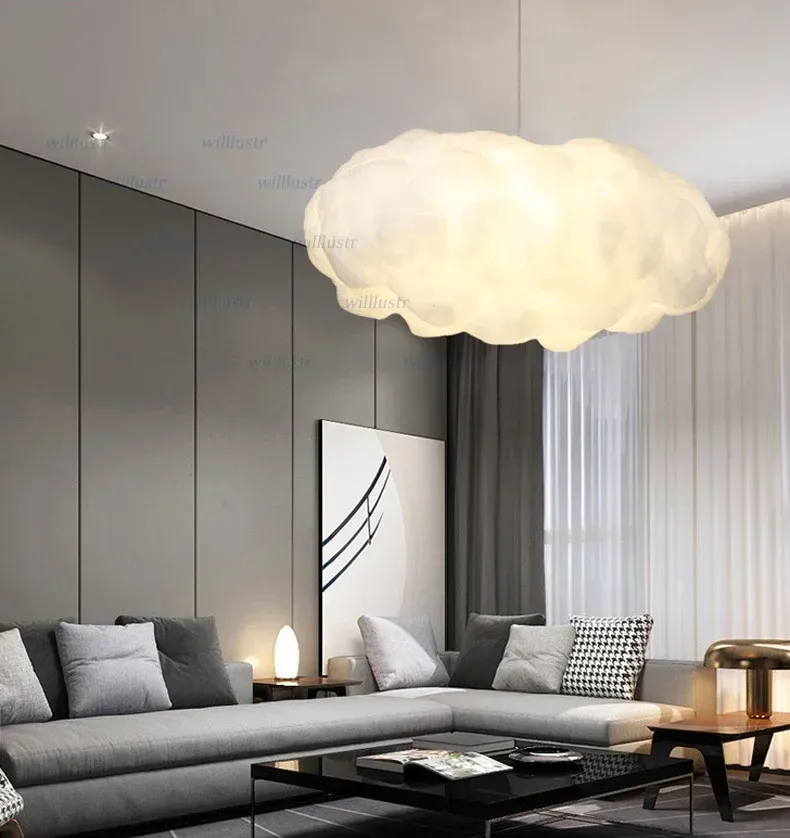 מנורת תלייה ענן לבנה מבד פולימרי עם בית נורה E27