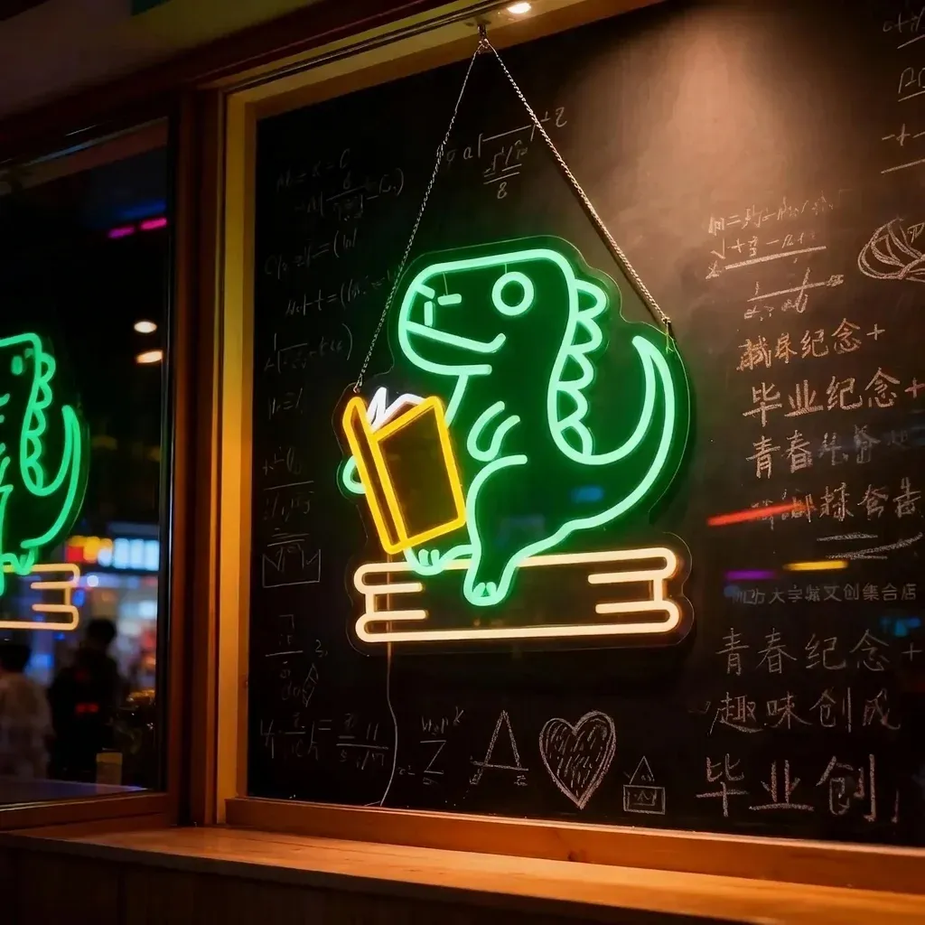 שלט ניאון לד טירנוזאורוס עם ספר