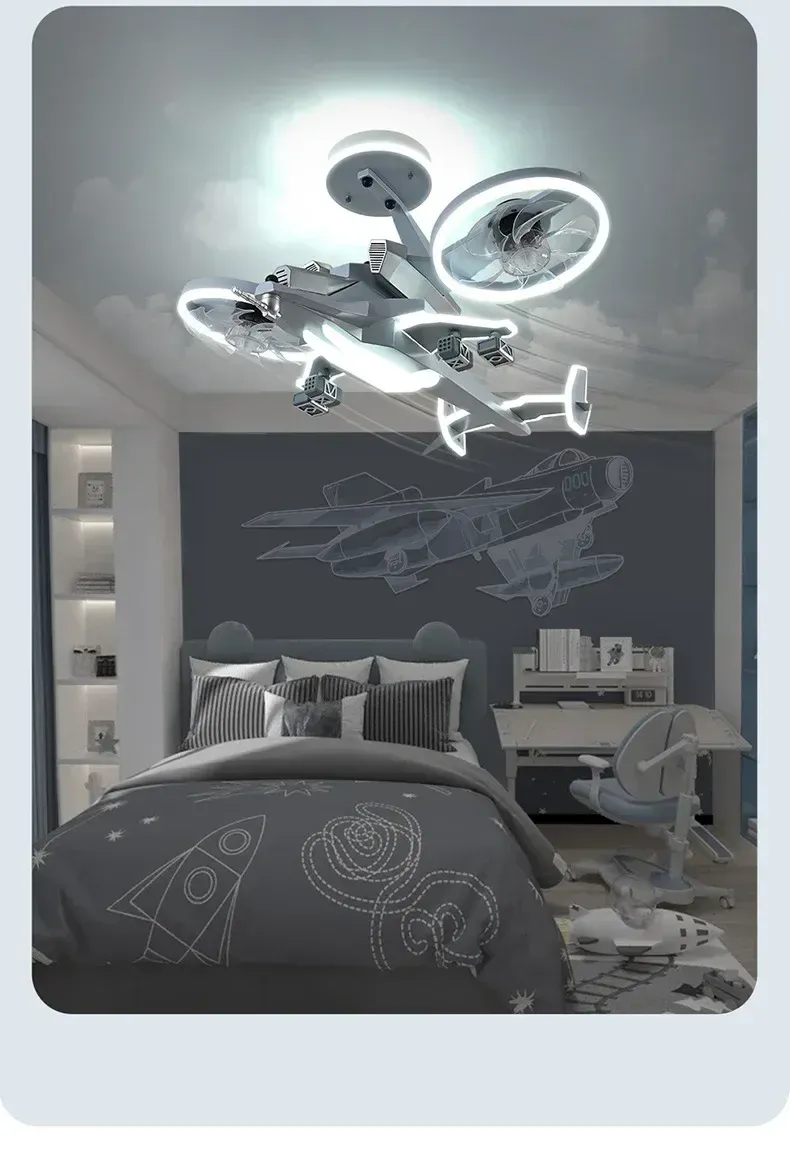 מאוורר תקרה לד מטוס קרב לחדר ילדים עם שלט