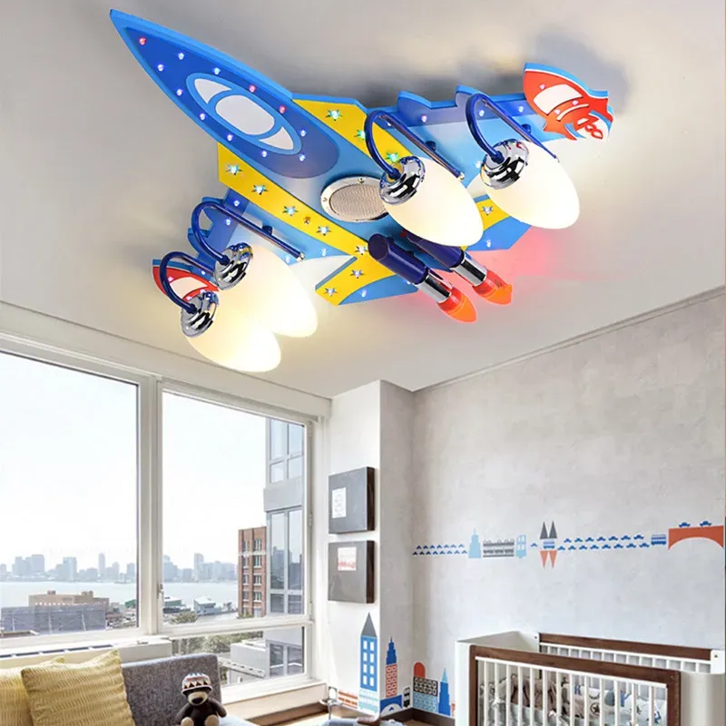 מנורת תקרה מטוס כחול עם 6 נקודות אור לחדר ילדים