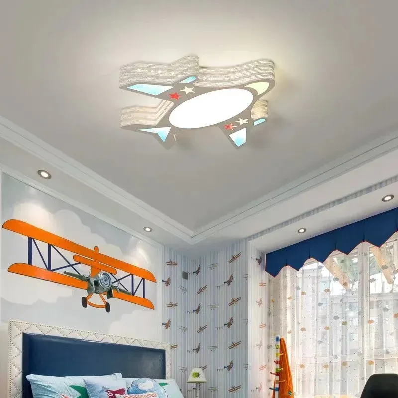 מנורת תקרה מטוס קריקטורה כחולה דימרית לחדר ילדים