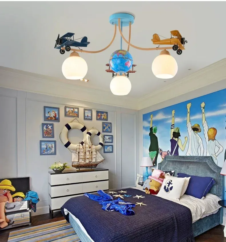 מנורת תקרה מטוס עץ לילדים עם נורת לד מתחלפת