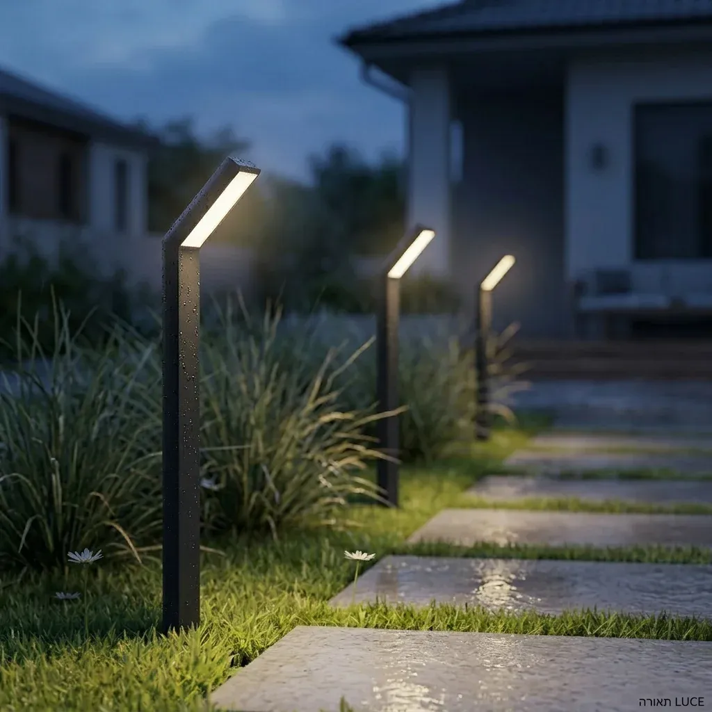 פנס יתד סולארי שחור לצד שביל רטוב