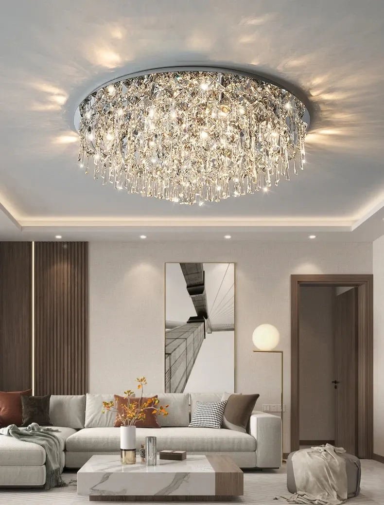 נברשת קריסטל כדורית צמודת תקרה בגימור פלדה מבריקה