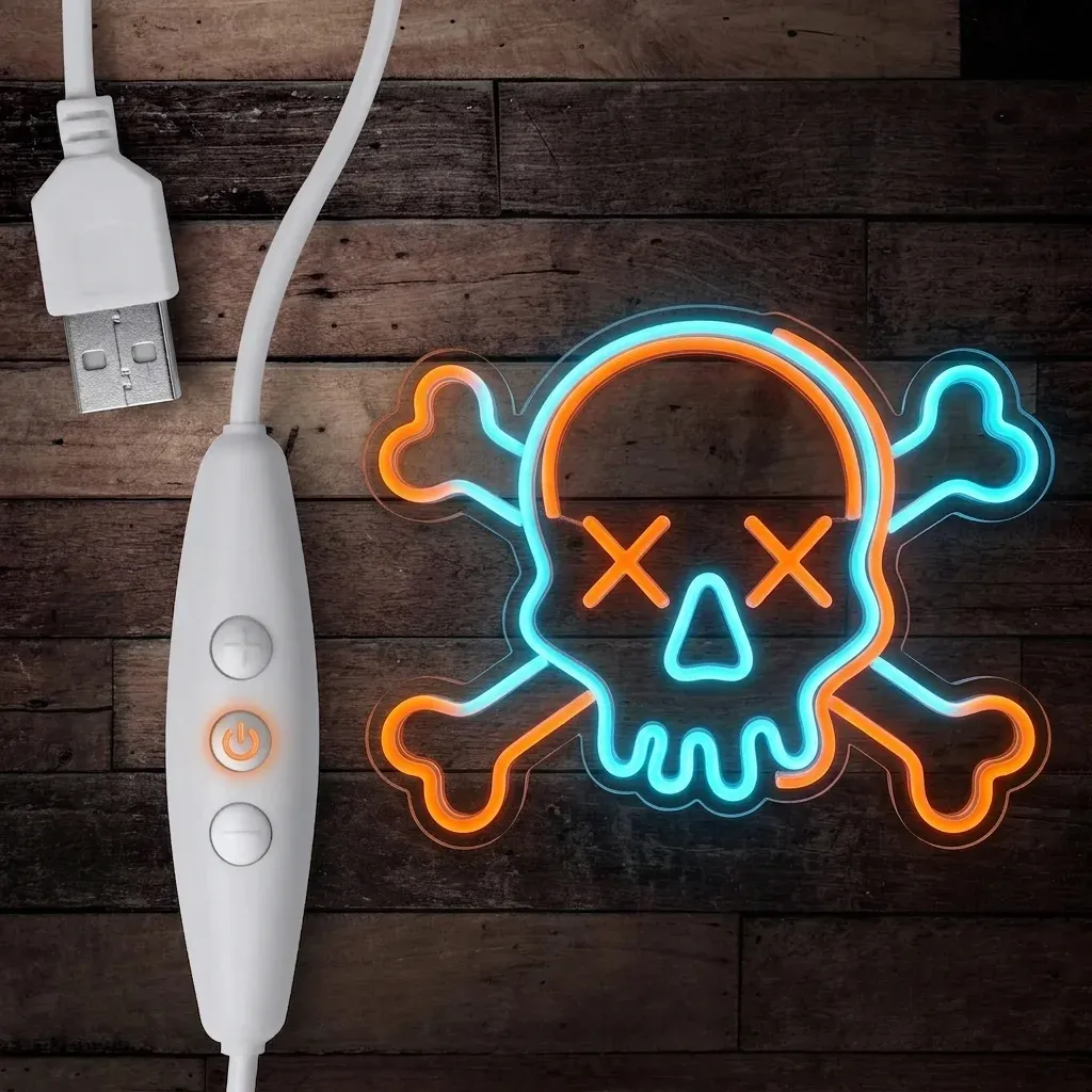 שלט ניאון גולגולת לד כחול כתום