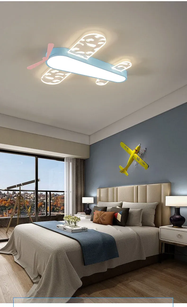 מנורת תקרה מטוס נוצות כחולה עם שלט לחדר ילדים