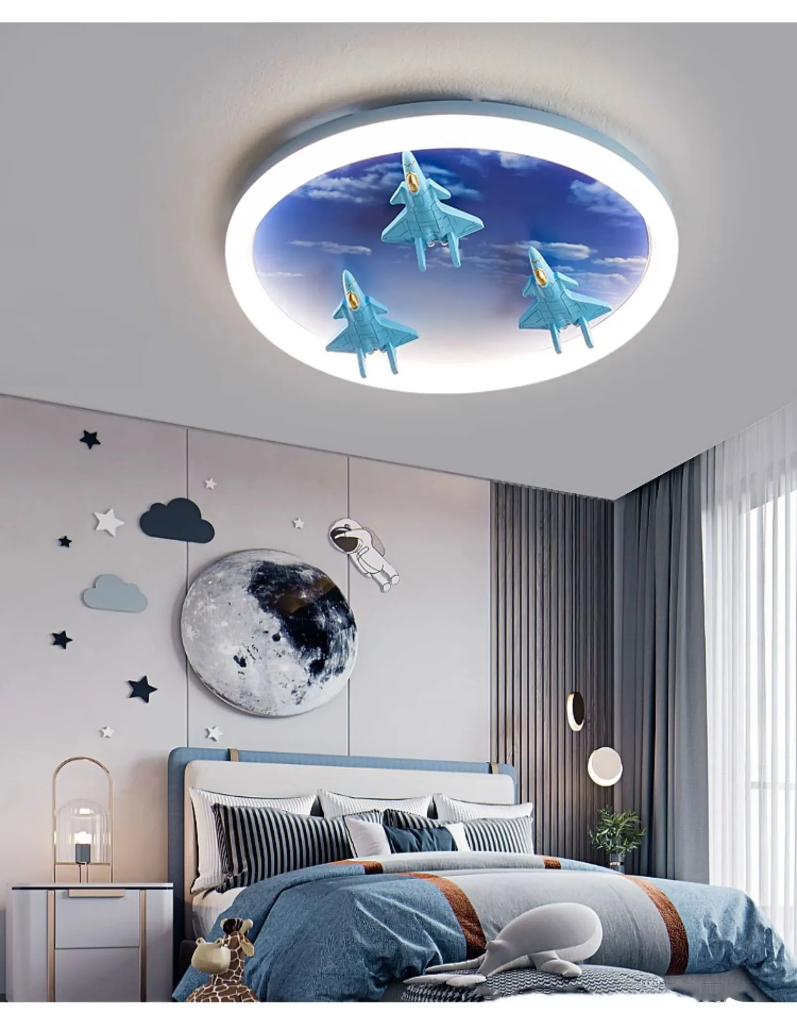 מנורת תקרה מטוס סילון כחולה עם שלט לחדר ילדים