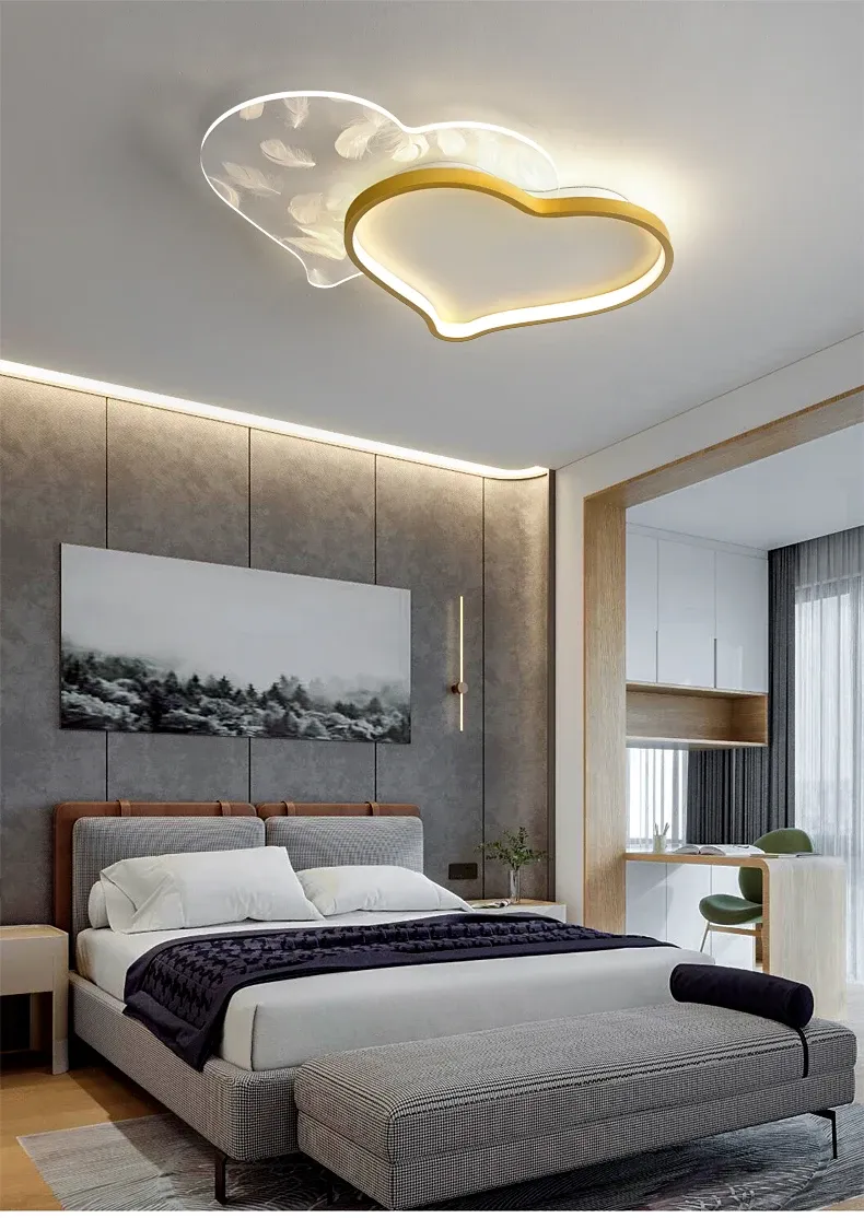 מנורת תקרה לב נוצות ורודה עם שלט לחדר ילדים